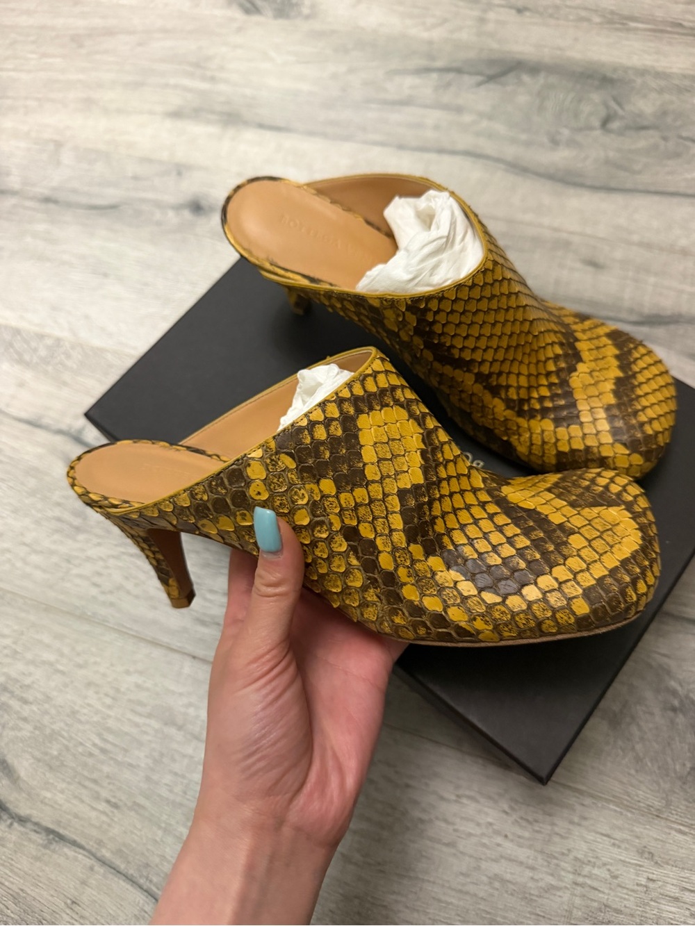 Bottega Yellow Snake-Print Mule Heels - Women